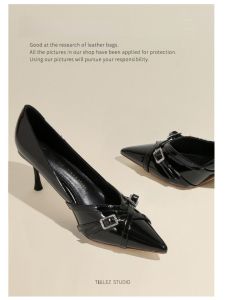 Tellez รองเท้าส้นสูงหัวแหลมสไตล์ฝรั่งเศสสำหรับผู้หญิง 2025 รองเท้าส้นเดี่ยวแบบหัวเข็มขัด ทรงบาง สำหรับผู้หญิงวัย 18-40 ปี