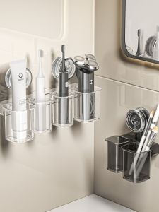 Drill-Free Wall-Mounted Suction Cup Electric Toothbrush Holder Bathroom Toothpaste Toothbrush Organizer Rack Drainable Storage Shelf