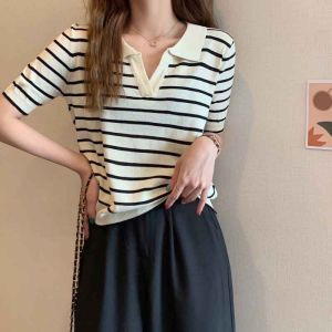 SIS Women T-shirt Fashion korean style stripe polo shirt for women knitted blouse