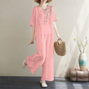Cotton Linen Short Sleeve T-Shirt Set Womens Summer New Loose plus Size Solid Color Print Nine-Piece Pants Two-Piece Set