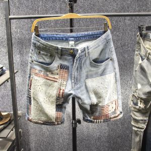 Summer Ethnic Embroidered Jeans Shorts Mens Trendy Patchwork Five-Quarter Straight Thin Cotton Pants Youth Fashion Jeans