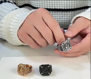 Kemstone Retro Cross Portrait Ring for Mens Stainless Steel Rings Black Gold Plated Jewelry