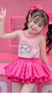 ชุดแฟชั่นเด็กผู้หญิง เสื้อสายลายแมวผูกโบว์ด้านหลัง กระโปรงผ้าชีฟอง น้ำหนัก 5-25 กิโล รหัสSF22