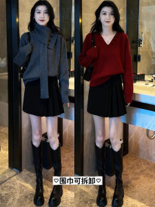 เสื้อสเวตเตอร์ถักแบบถอดได้สำหรับผู้หญิง ทรงหลวม แขนยาว ปกติ คอวี ปกติ ฤดูใบไม้ผลิ 2025 เสื้อชั้นในลายสก็อตสีพื้น