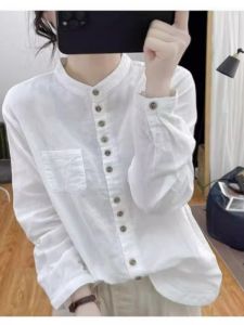 Loose Cotton Linen Long Sleeve Shirt Womens Spring Autumn Vintage Style Stand Collar Button up Top Moms Base Shirt
