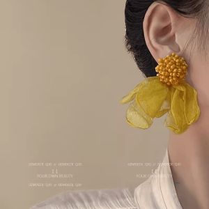 French Style Yellow Chiffon Flower Earrings Retro Fairy Temperamental Exaggerated Vacation Style Niche Design Earrings Ear Studs