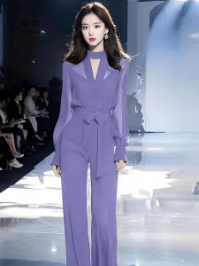 ชุดแฟชั่นสตรีสุดเก๋ไก๋ ชุดกางเกงสูทสุดเก๋สำหรับผู้หญิง ชุดสองชิ้น แขนยาว คอกลม เหมาะสำหรับฤดูใบไม้ผลิและฤดูใบไม้ร่วง