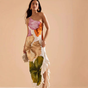 VEITCHE Fashion Women Printed Curling Edge Long Dresses Irregular One Shoulder Open Fork Gown Women Summer 2025 Party Vestidos