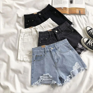 Summer Womens High Waist Cowboy Shorts Korean Style Casual Denim with Pockets Tassel Detail Perforated Design Y2K White Jeans