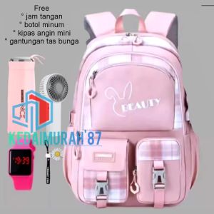 Tas ransel anak perempuan remaja BEAUTY tas sekolah anak SD SMP gratis botol minum jam tangan kipas angin mini gantungan tas bunga tas ransel