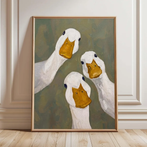 Funny Goose Wall Art Print Three White Ducks Poster Farmhouse Bird Decor Whimsical Bathroom Artwork Cottagecore Gift