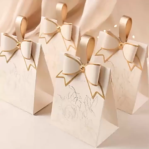 10PCS Wedding Favour Gift Bag with Champagne Bow & Leather Handle Elegant Candy Treat Box for Bridal Party