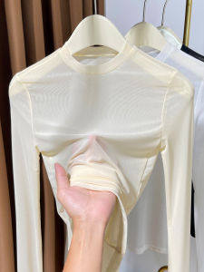 Womens Lace Blouse Long Sleeve round Neck Mesh Base Shirt Thin Fashionable Camisole Underdress Commute Style Korean Version