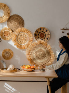 Raffia Grass Woven Wall Decor Nordic Style round Geometric Pattern Background Wall Artifacts for Homestay And Living Room
