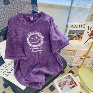 Phong Cách Mỹ Heavyweight Washed Tím / Tím Violet / Tím Hoa Cà Áo Thun Nam Ngắn Tay Rộng Rãi Fit Pure Cotton Vải Bông Thoải Mái Áo Xu Hướng Đường Phố Cao Cấp Mùa Hè