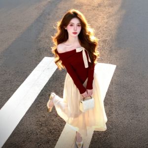 CHANGTONG | Youthful Off-Shoulder Top Skirt Set