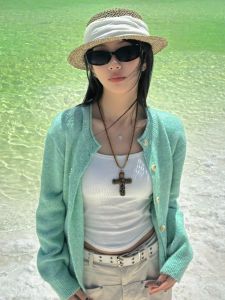 YUFUQING | Loose Casual Green Dopaamine Long Sleeve Round Neck Knitted Sweater Women Early Autumn New Style Versatile Comfortable Cardigan Top