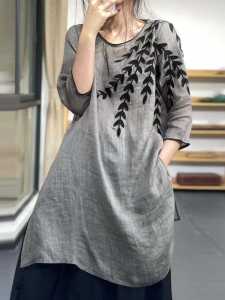 Shopping Mall Brand Counter Withdraw Summer Embroidered Cotton and Linen Top Loose Plus Size Slimming Middle Sleeve Linen Mid-Length Shirt for Women