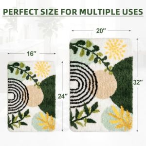 VIKAMA Non-slip Boho Abstract Gold Plant Bath Mat Set Soft Microfiber Absorbent Washable for Bathroom Shower