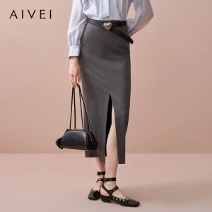 Aivei Simple Front Slit Straight Long Skirt Wrap Body High Waist Polyester Fiber Business Casual Skirt for Women