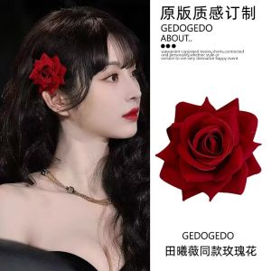 Tian Xiwei Same Style Red Rose Barrettes Mori Sweet Artificial Flower Headwear Hairpin Bride Photography Hair Ornaments