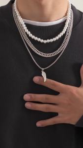 3Pcs/Set Punk Imitation-Pearl Cuban Thick Chunky Chain Necklace Goth Box Link Wings Pendant Choker Grunge Jewelry Steampunk Men