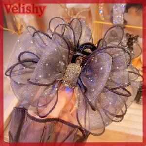 Velishy Black Mesh Bow Rhinestone Hair Claw Vintage Elegant Hair Clamp Hairpin Shark Clips For Women Fashion Hair Accessories