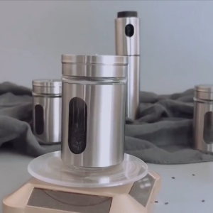 Tempat Bumbu Dapur Bubuk Transparan Stainless Steel dan Kaca Premium