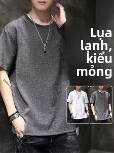 ROMON | Áo thun tay ngắn nam mùa hè mỏng bằng lanh thêu tay lửng cổ tròn áo thun thoáng khí thoải mái thời trang thường ngày