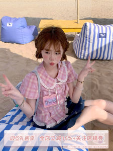 SinsinGirl Strawberry Bear Set Summer Womens 2025 New Plaid Shirt + Denim Short Skirt Outfit Fashionable Two-Piece Ensemble