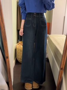 สไตล์อเมริกัน Retro High เอว ขากว้างหัวเข็มขัดคู่ เดนิม กางเกง ผู้หญิง หลวม พรางหุ่น Drape Straight Long กางเกงขายาว