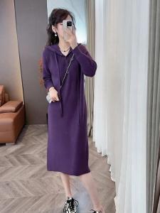 French Vintage Hooded Knitted Dress Womens Autumn Winter Loose Casual Sweater Dress Lazy Style A-Line Skirt V-Neck Long Sleeve