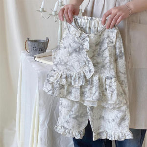 Gấu lãnh đạo trẻ em Quần Áo Nữ thiết lập Giày mùa hè Kiểu Có Nơ buộc nhuộm in trẻ em phù hợp với áo Áo phông xếp li không tay + Quần giản dị hai mảnh Bộ fshion cô gái trang phục