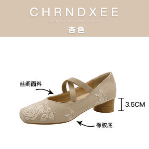 Ballet Flat Crossed Rose Medium Heel Single Shoes Womens Pumps Comfortable Traditional Chinese Style Embroidered Fashion Footwear