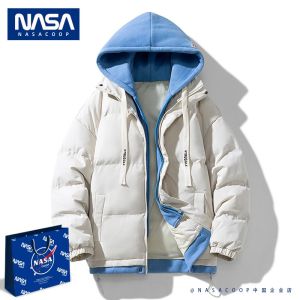 NASACOOP Trendy Brand Thickened Cotton Jacket Mens Winter Hooded Fake Two-Piece Cotton Coat Youthful Style Polyester Fiber