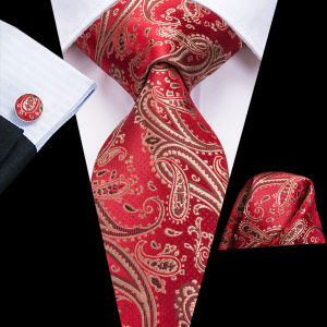 Mens Gift Tie Set Red Wine Burgundy Paisley Wedding Floral Maroon NeckTie For Men Fashion Design Hanky Cufflinks silk Business