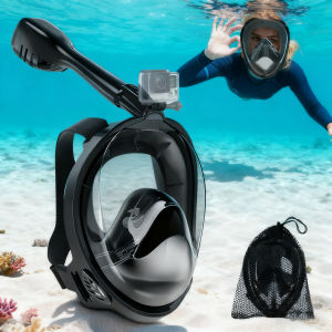 หน้ากากดำน้ำแบบเต็มหน้าหน้ากากดำน้ำสำหรับเด็กและผู้ใหญ่ 180 °   วิวพาโนรามาพร้อมขายึดกล้อง หายใจได้อย่างปลอดภัย ป้องกันหมอกรั่ว