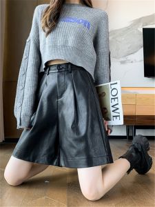 High Waist Leather Shorts Womens Casual Loose Fit Black Wide Leg A-Line Outerwear PU Leather Pants Asymmetrical Bootcut Pants