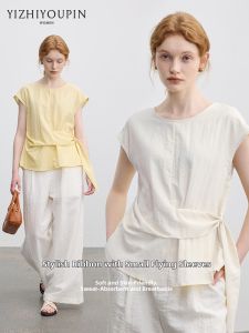 Stylish Korean Round Neck Ribbon Puffed Sleeve Waist-pleated Womens Blouse