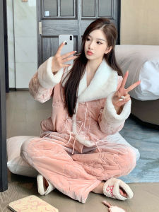 Thickened Winter Sleepwear Womens Style Traditional Chinese Style Coral Fleece Lined Home Clothes Extra Thick Long Sleeve