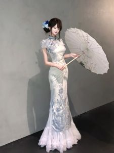Vintage Style Cheongsam Dress Printed Fitted