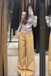 High Waist Wide Leg Straight Cut Jeans American Khaki Long Version for Taller Women Floor Length Narrow Style Denim Pants
