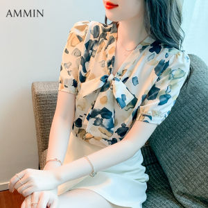 AMMIN Korean style ladies V-neck bow tie chiffon short-sleeved printed blouse summer new fashion design sense loose chic floral Tops