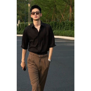 Fancy Handsome Ice Silk Shirt Mens Short Sleeve Summer Thin Business Drape Shirt Trendy Silm 3/4 Sleeve