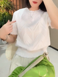 QINGNAER | Loose White Round Neck Short Sleeve Knitted Top Large Size