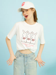 Zklin Cartoon Rabbit Print Short Sleeve White T-Shirt Womens Design Sensible Minimalist Versatile Top Summer New Arrival