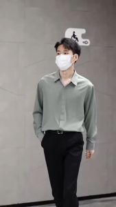 เสื้อเชิ้ตแขนยาวสีพื้น คอปก เสื้อเชิ้ตใส่ทำงานชาย สไตล์ลำลอง กระดุมแถว แฟชั่นเกาหลี ไซส์ S-3XL