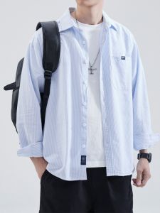 American Style Heavyweight Blue White Stripes Long Sleeve Mens Shirt Loose Casual Oxford Cloth Jacket for Autumn