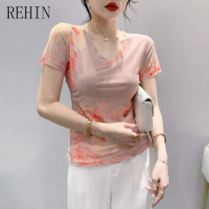 REHIN New Summer Fashion Mesh Floral Printed Short Sleeve T-shirt V-neck Slimming Trendy Pink Womens Top