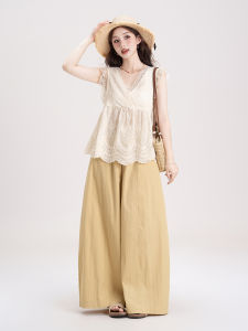 SHANGWEILUO | Lace Splicing V-Neck Tank Top Loose Fit Slimming Wide Leg Pants Set